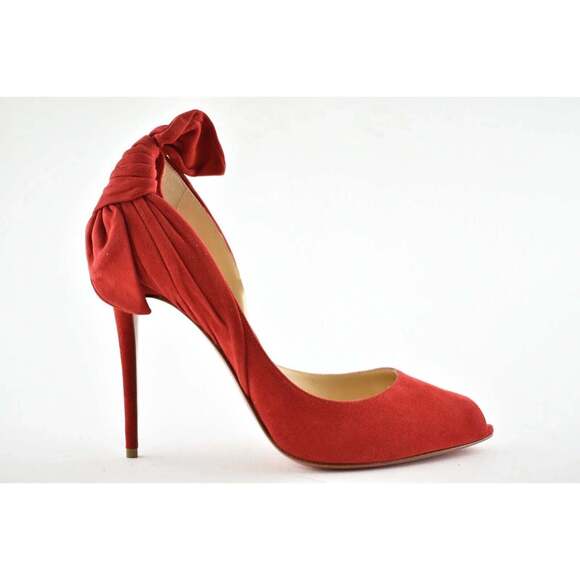 Christian Louboutin Barbara 100 Oeillet Red Suede Peep Toe Bow Heel Pump 39.5 - Picture 2 of 9